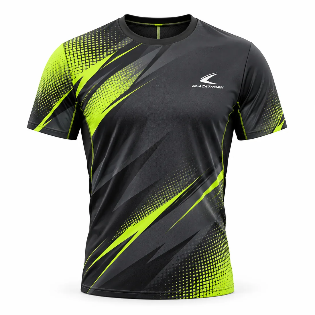Charcoal and black pickleball jersey with neon-lime slashes and halftone dots, crew neck, front view