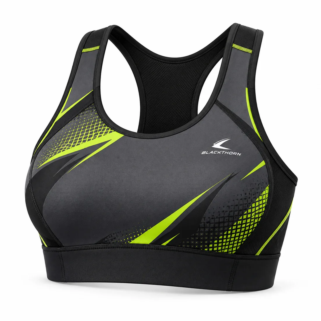Charcoal and black sports bra with neon-lime slashes and halftone dots, private label sublimated design