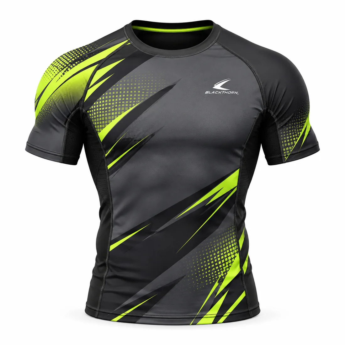 Charcoal and black short-sleeve rash guard with neon-lime slashes and halftone dots, front view