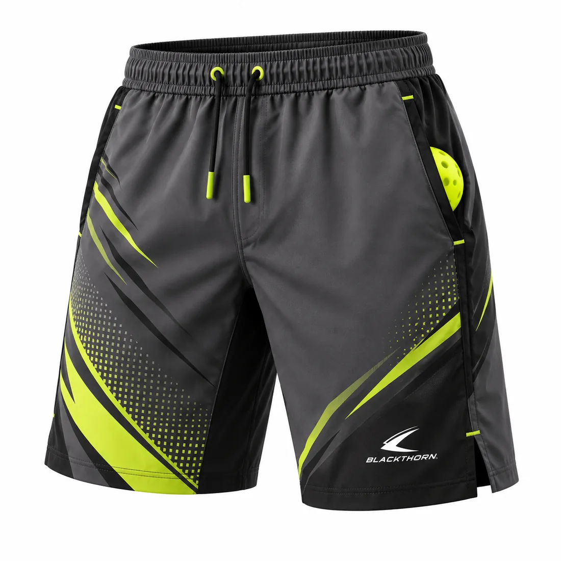 Charcoal and black pickleball shorts with neon-lime slashes, halftone dots and deep ball pocket