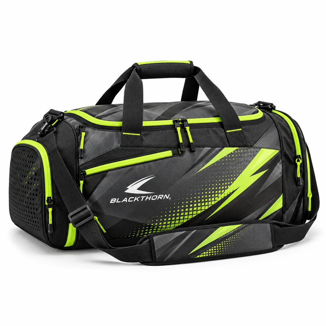 Charcoal and black duffel bag with neon-lime slashes and halftone dots, mesh shoe pocket, recycled fabric option