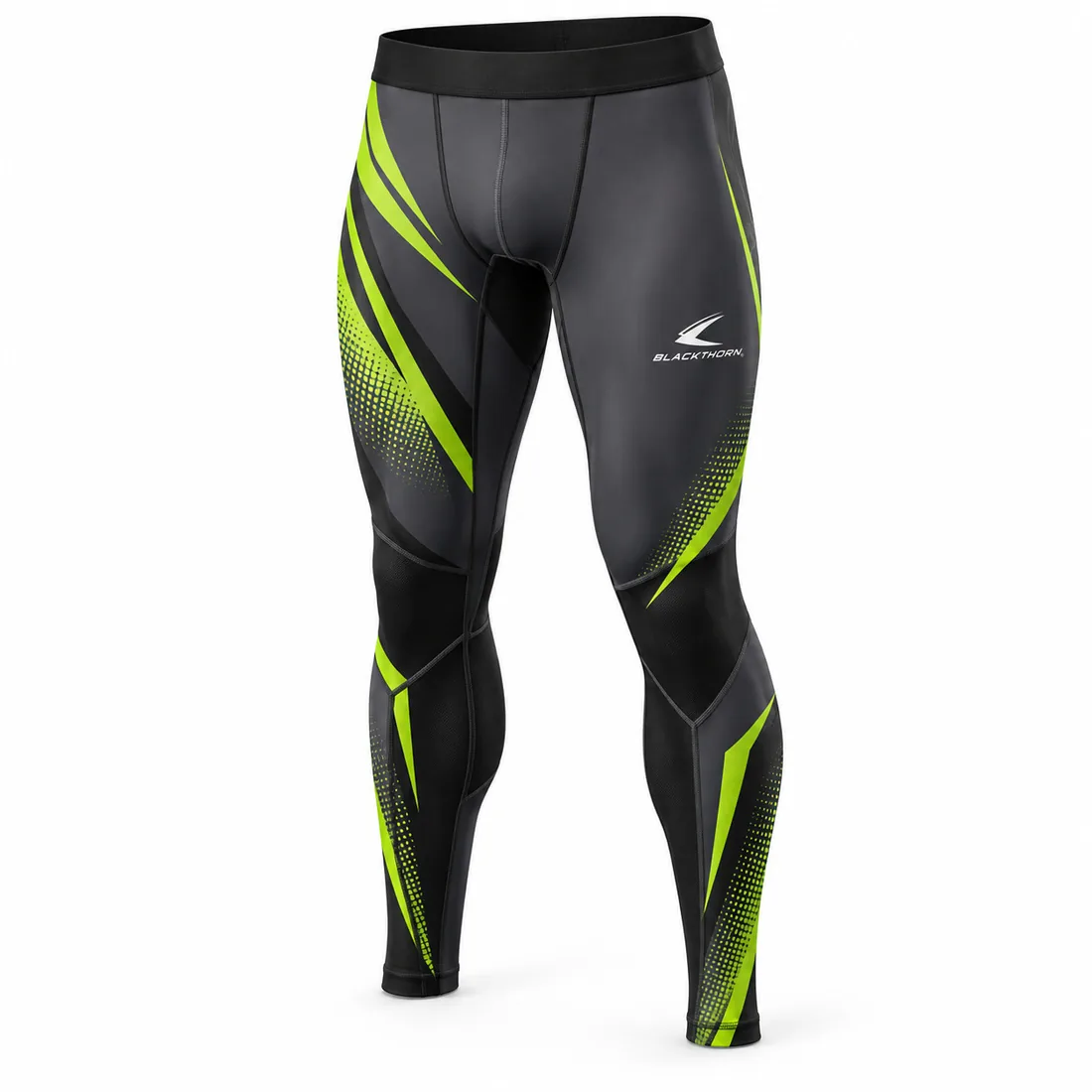 Charcoal and black grappling spats with neon-lime slashes and halftone dots, side view
