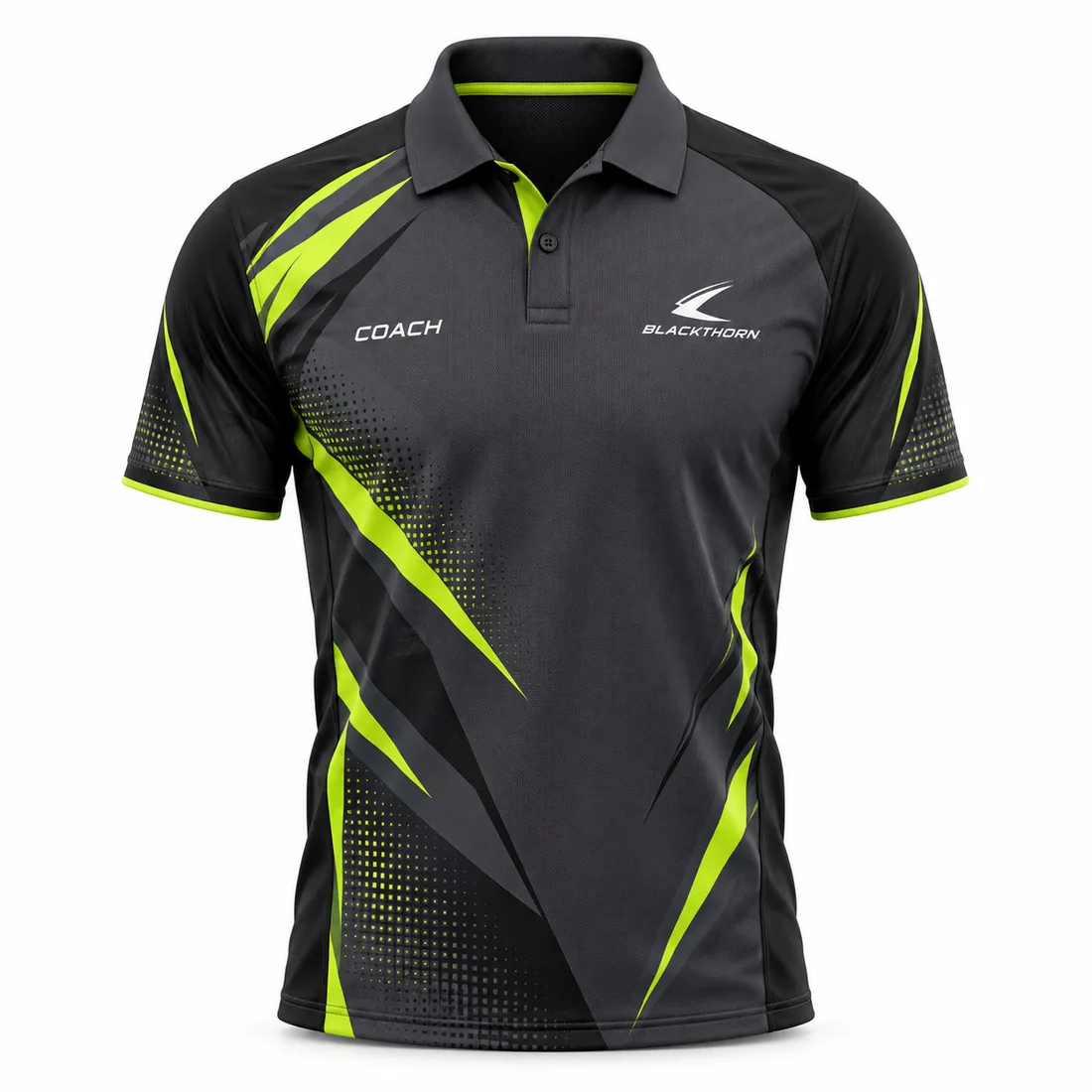 Charcoal and black coach polo with neon-lime slashes, halftone dots and COACH chest print, front view