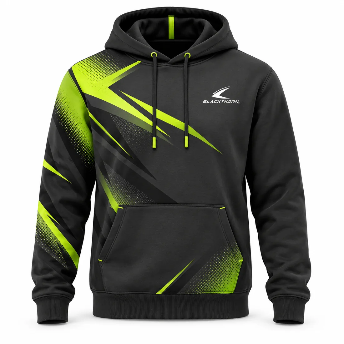 Charcoal and black pullover hoodie with neon-lime slashes and halftone dots and kangaroo pocket