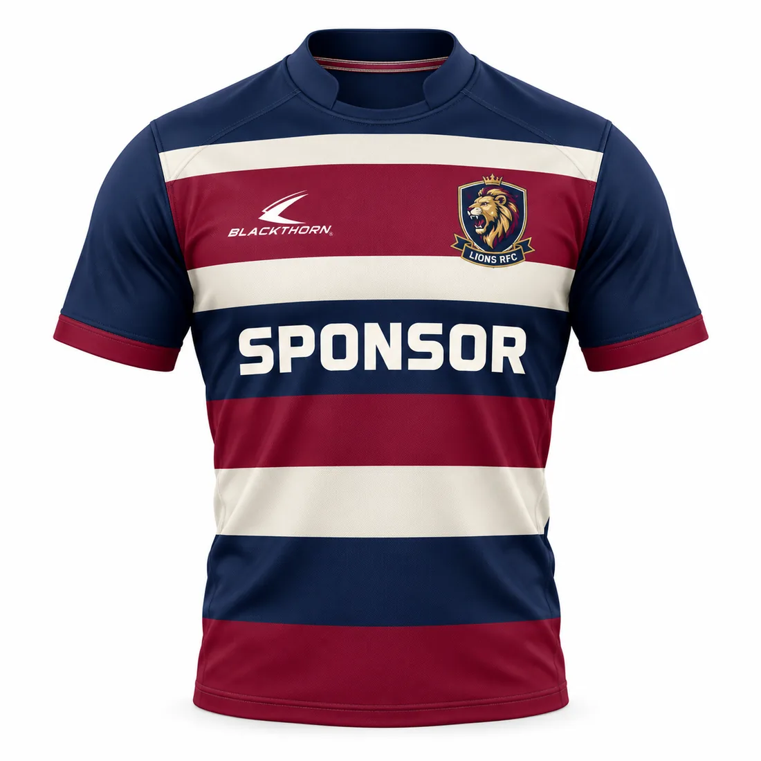 Lionheart Classic Hoop Rugby Jersey — navy / maroon / cream custom rugby kit made to order by Blackthorn World