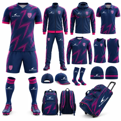 Magenta Velocity custom soccer team package in navy and magenta: match kit, tracksuit, jackets, polo, training wear, cap, beanie, backpack and kit bag