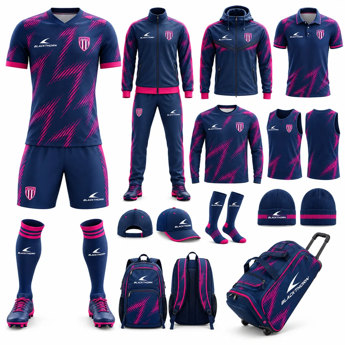 Magenta Velocity custom soccer team package in navy and magenta: match kit, tracksuit, jackets, polo, training wear, cap, beanie, backpack and kit bag