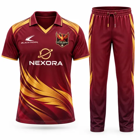 Maroon Phoenix T20 Cricket Kit: custom cricket shirt and trousers, maroon and gold, with club crest and sponsor