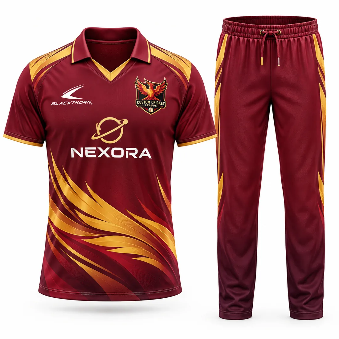 Maroon Phoenix T20 Cricket Kit: custom cricket shirt and trousers, maroon and gold, with club crest and sponsor