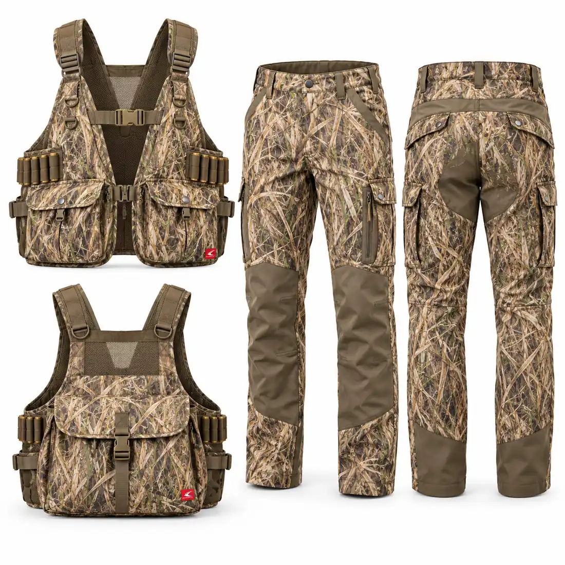 Marsh camo upland strap vest with game bag and matching marsh camo brush pants