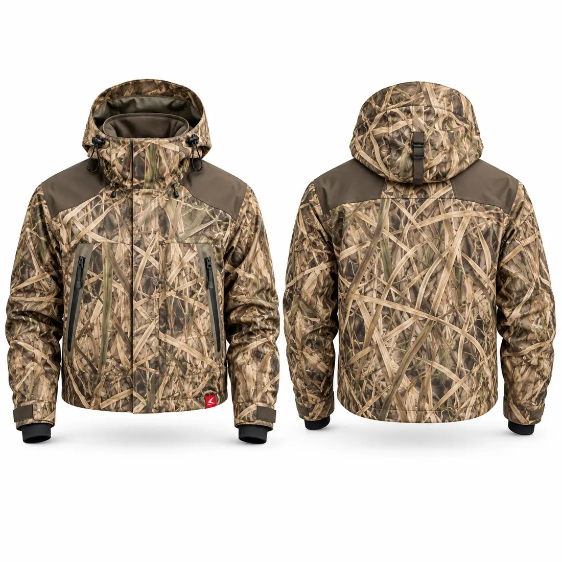 Marsh reed camo wader jacket with brown shoulders and hood, front and back views