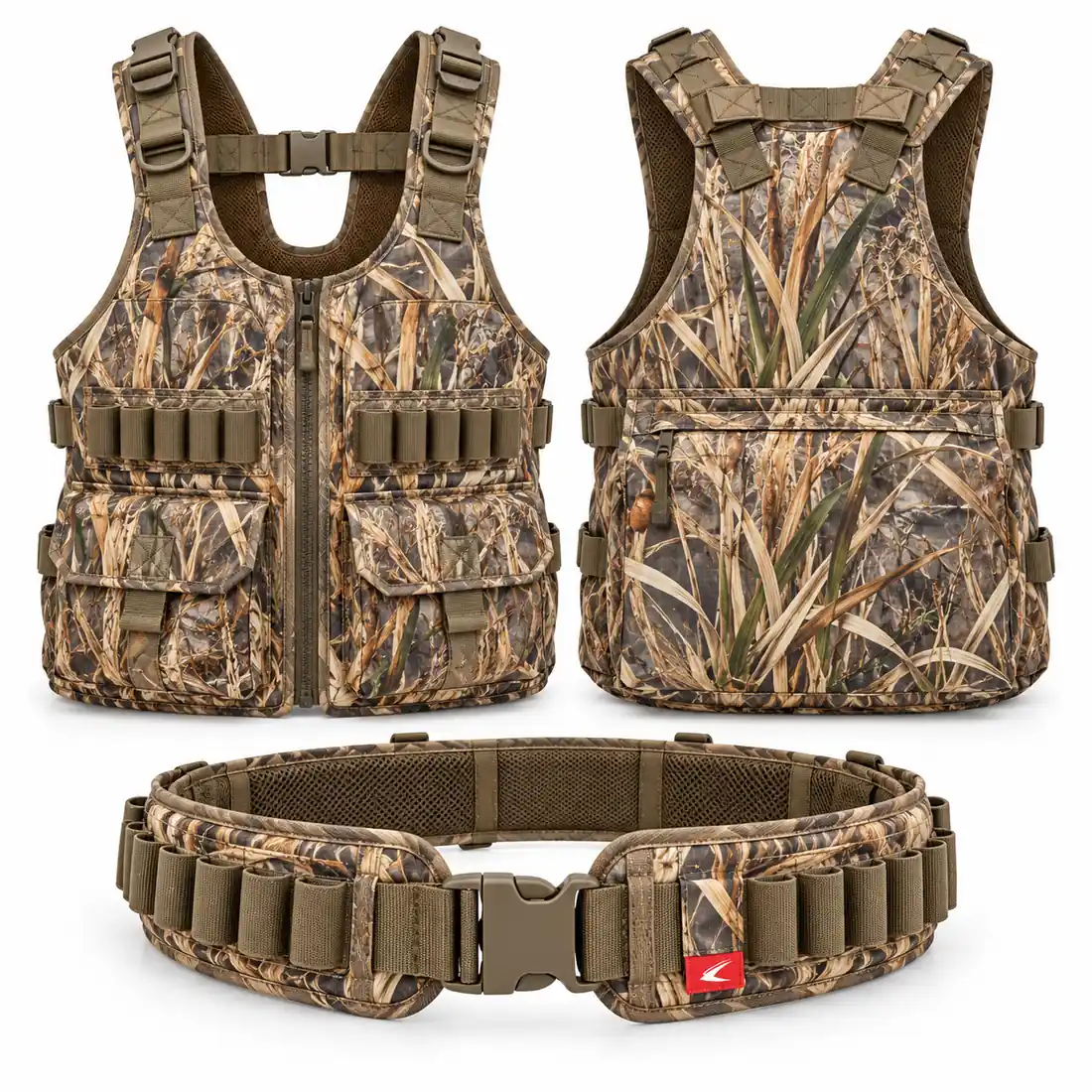 Marsh reed camo strap shell vest with mesh back and matching wader belt with shell holders