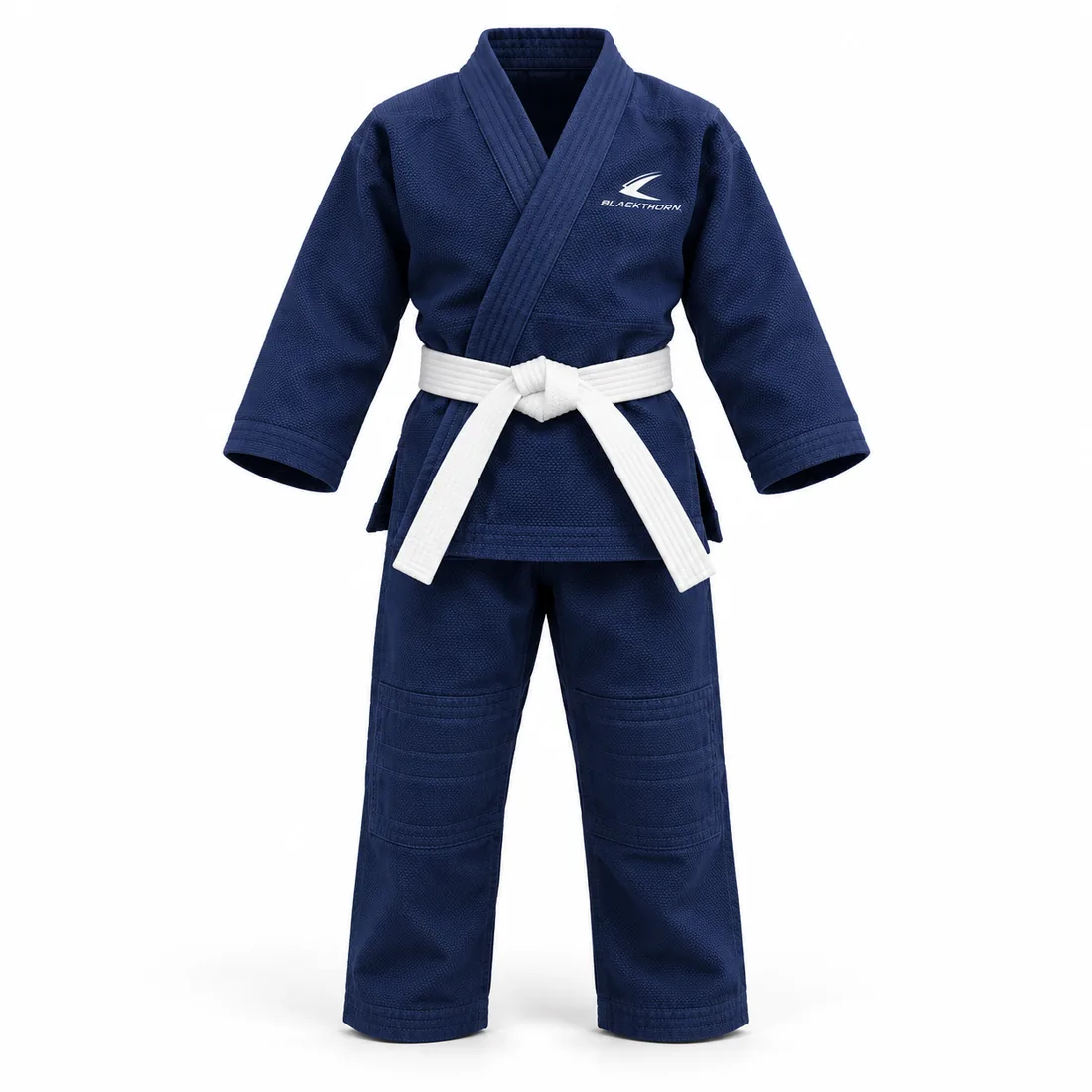 Dark navy kids BJJ gi with white belt, Midnight Navy fundraiser gi, front view