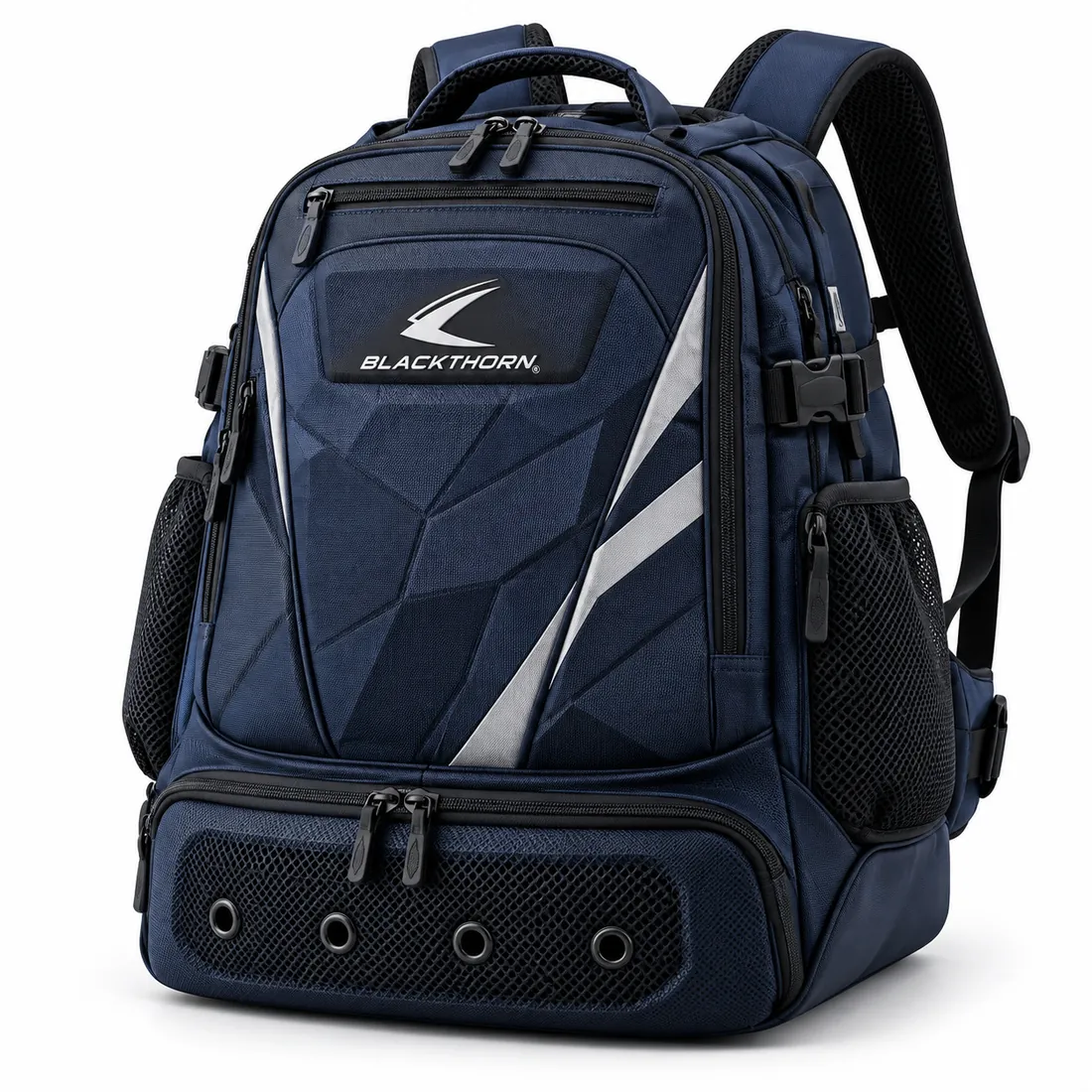 Midnight navy backpack with faceted geometric panels, silver diagonal stripe, logo patch and vented base with air eyelets