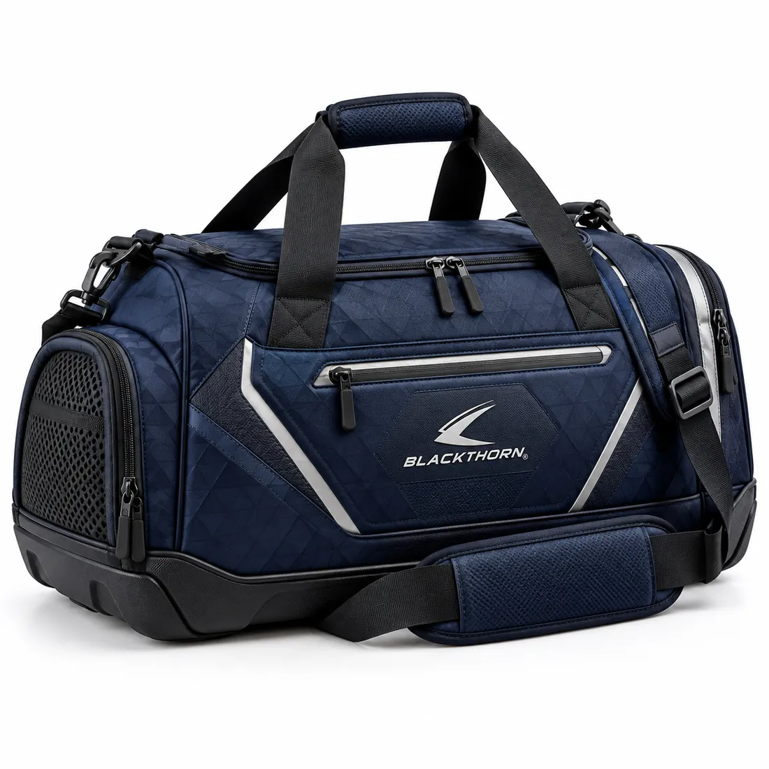 Midnight navy gym duffle bag with quilted geometric front, silver accent lines, logo patch and mesh vented end pocket