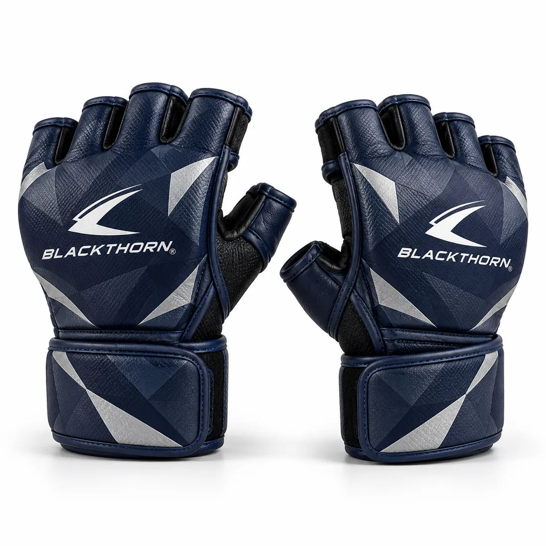 Midnight navy grappling gloves with faceted print and silver geometric accents, open palms and white Blackthorn logo