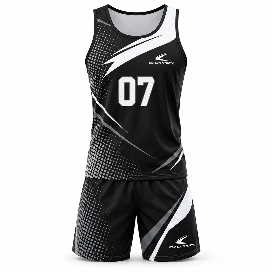 Black and white sleeveless beach volleyball tank and drawcord shorts with grey halftone grid and number 07
