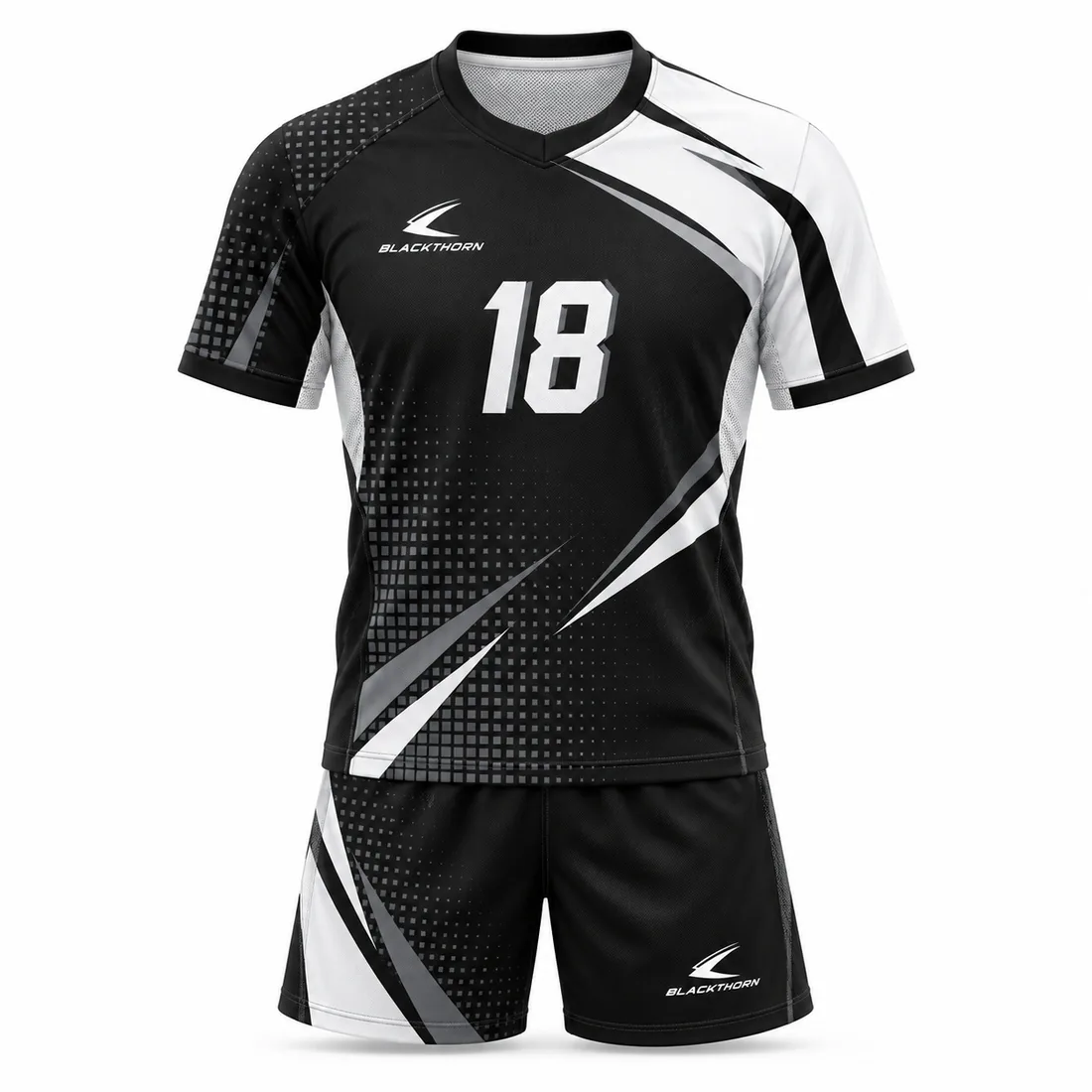 Black and white handball jersey and shorts with grey halftone grid and number 18, recycled polyester option