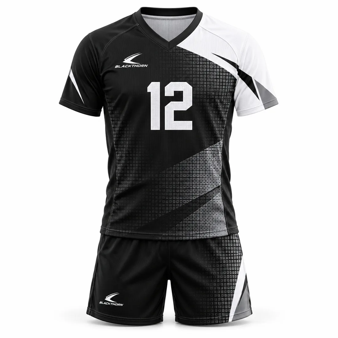 Black and white V-neck volleyball jersey and shorts with grey halftone grid print and number 12, monochrome set