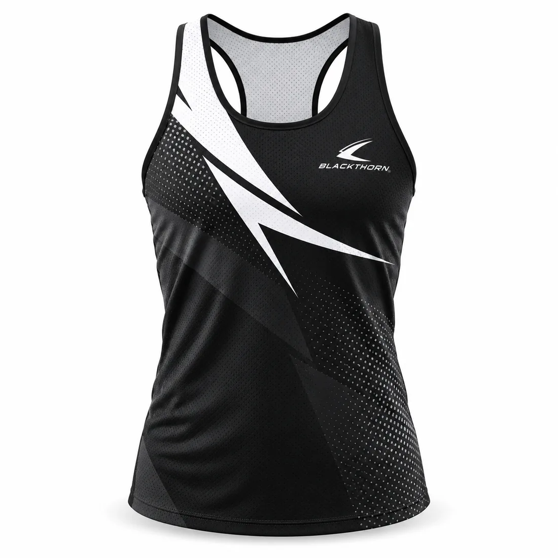 Women's black and white running singlet with grey halftone grid, racer back, recycled polyester option