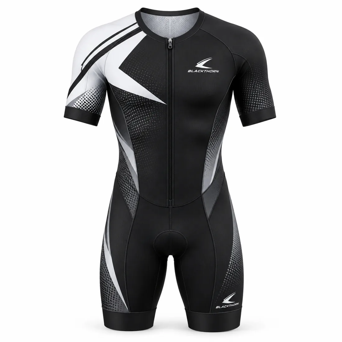 Black and white short-sleeve triathlon suit with grey halftone grid print and front zip