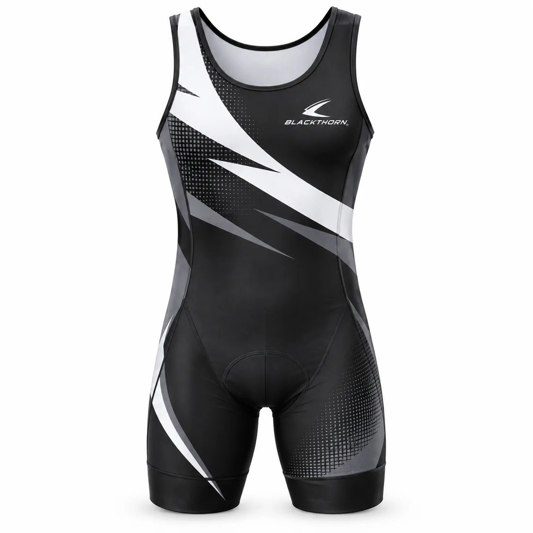 Black and white rowing unisuit with grey halftone grid and white side panels, wholesale rowing suit
