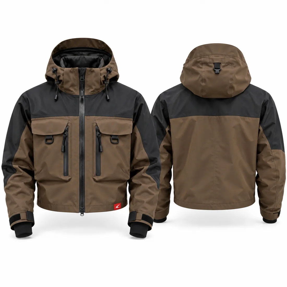 Mud brown wader jacket with black yoke and chest cargo pockets for guide teams, front view