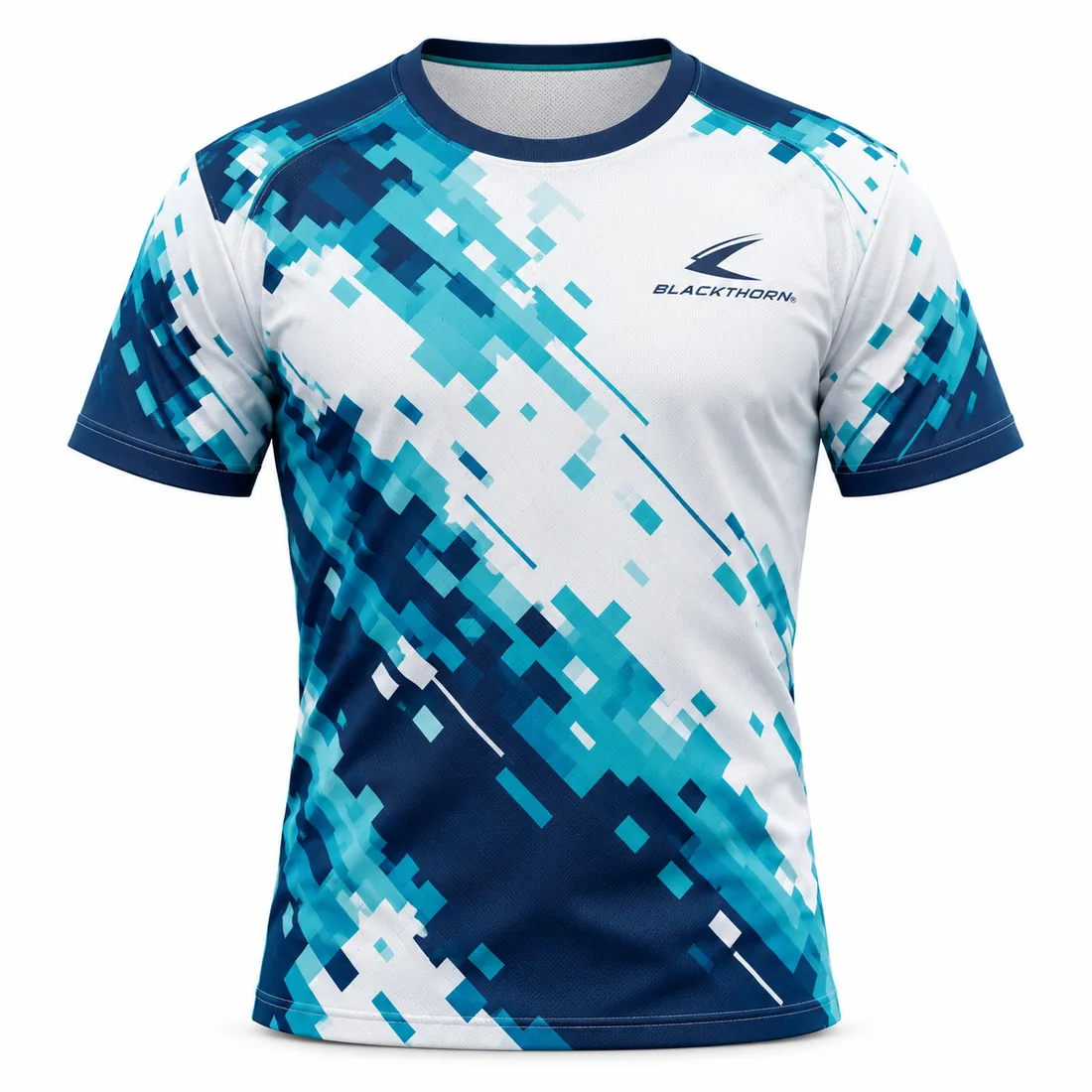 Aqua Pixel Floorball Jersey front view, custom floorball team jerseys