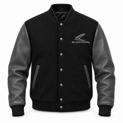 Black Charcoal Leather Letterman Jacket front, letterman jacket manufacturer