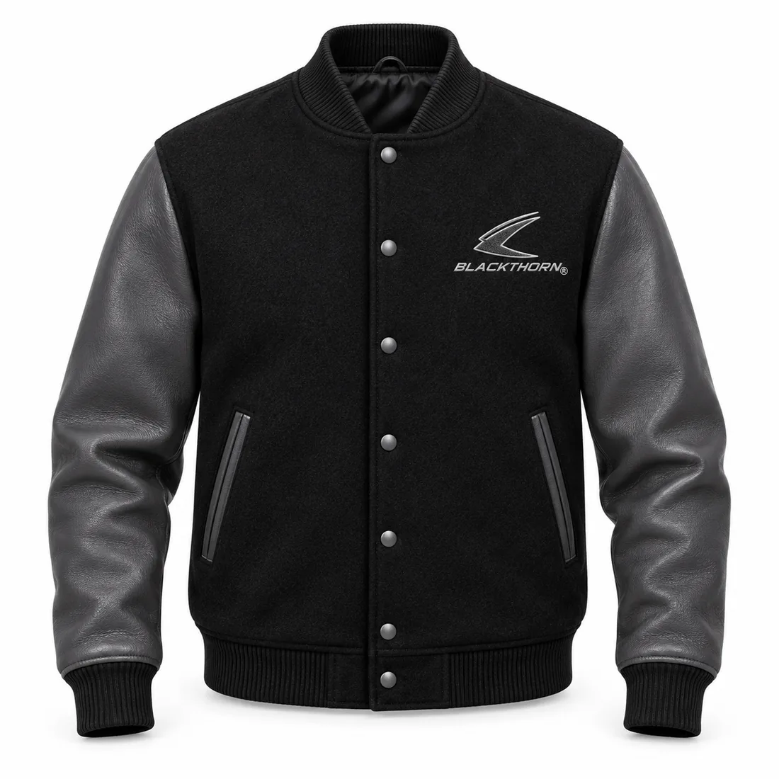Black Charcoal Leather Letterman Jacket front, letterman jacket manufacturer