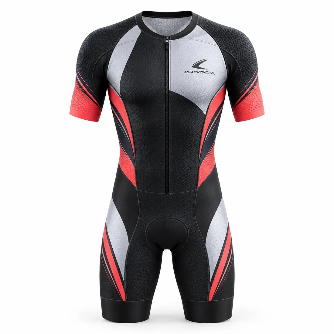 Black Red Aero Short Sleeve Tri Suit front view, private label tri suit manufacturer
