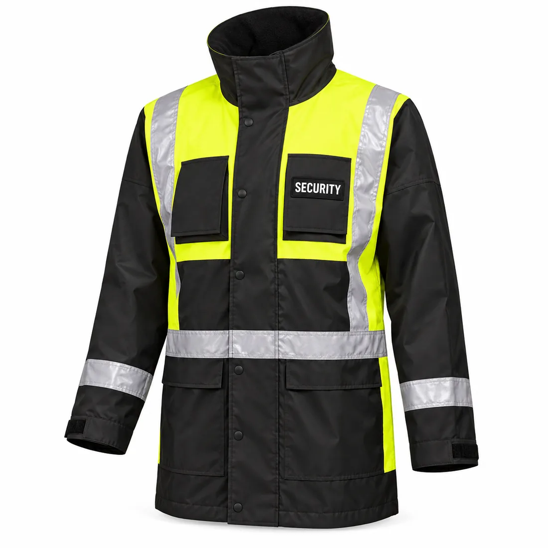 Black & Yellow Door Supervisor Rain Jacket in black with fluorescent yellow yoke and side panels, front view — wholesale security rain jacket by Blackthorn World