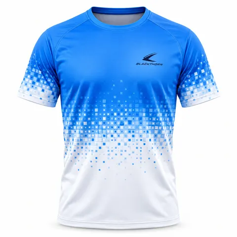 Blue Pixel Fade Pickleball Tournament Tee front view, pickleball tournament shirts bulk