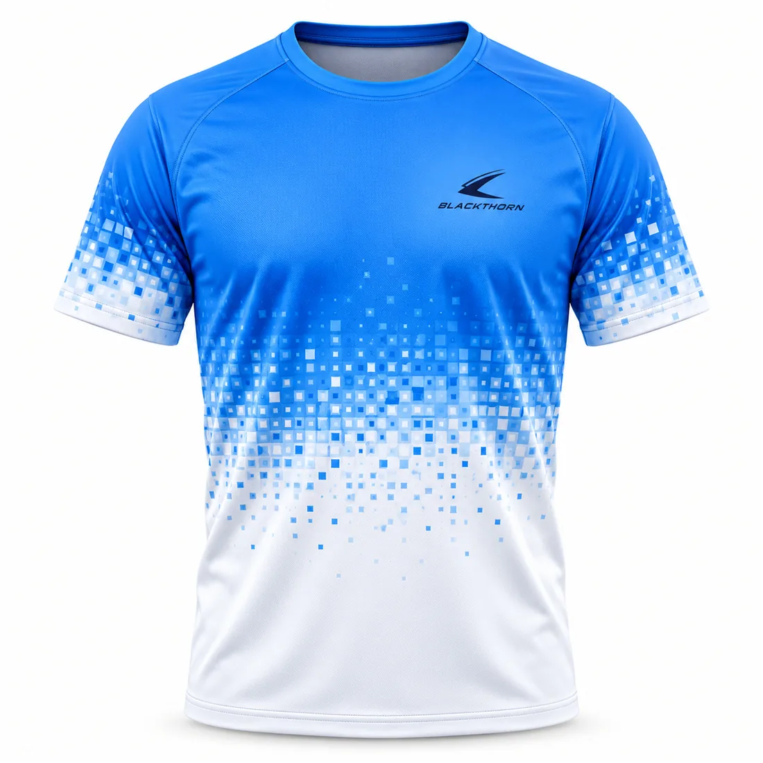 Blue Pixel Fade Pickleball Tournament Tee front view, pickleball tournament shirts bulk