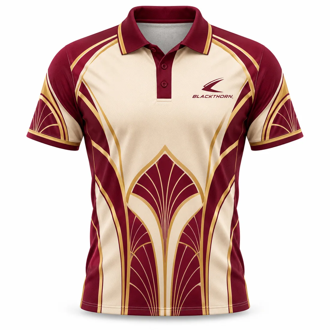 Burgundy Deco Darts Polo front view, custom darts polo shirts manufacturer
