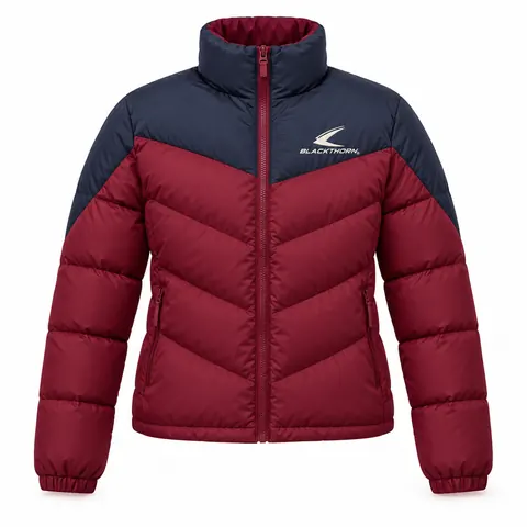 Burgundy Navy Chevron Puffer Jacket front, team puffer jacket wholesale