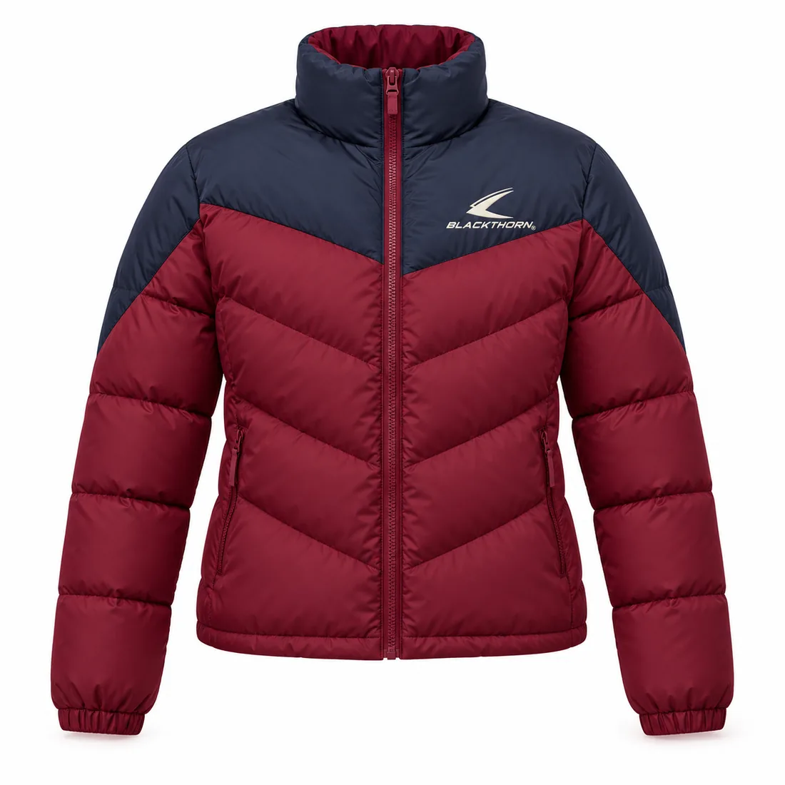 Burgundy Navy Chevron Puffer Jacket front, team puffer jacket wholesale