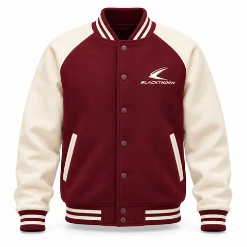 Burgundy Puff Fleece Varsity Jacket front, fleece varsity jacket private label