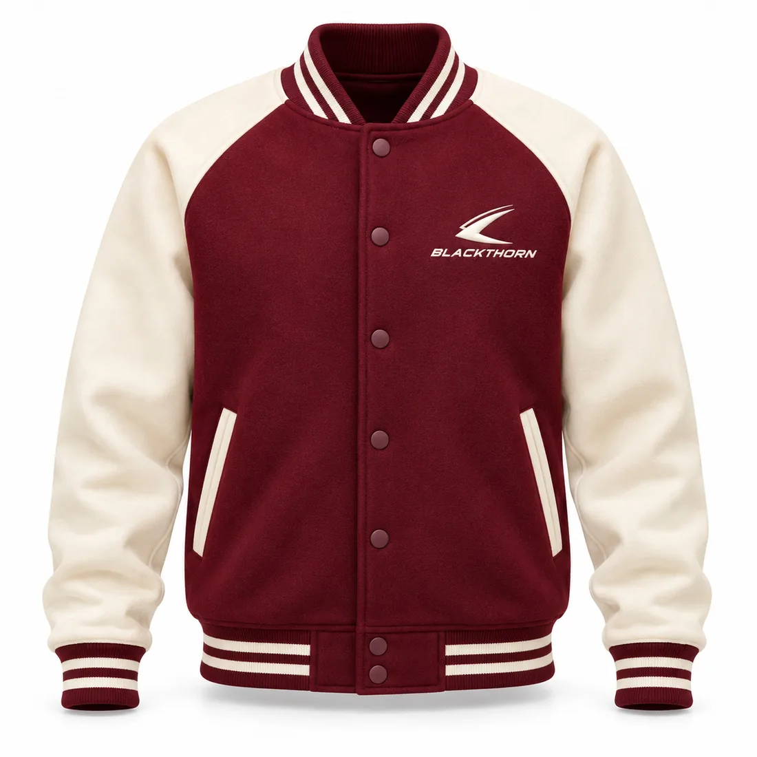 Burgundy Puff Fleece Varsity Jacket front, fleece varsity jacket private label