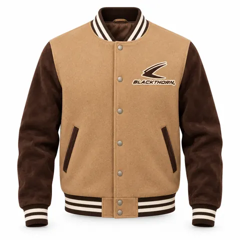 Camel and espresso suede-sleeve college letterman jacket