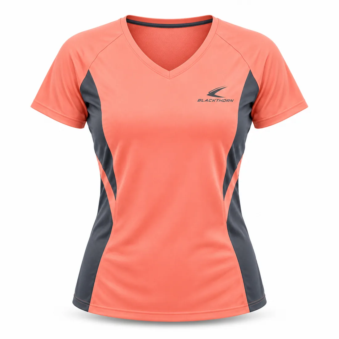 Coral Charcoal Women's V-Neck Pickleball Top front view, women's pickleball V-neck shirts wholesale