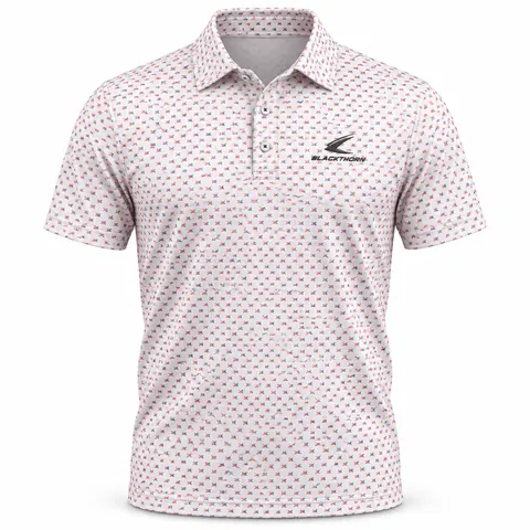 Coral Cross Print Golf Polo front view, printed golf polo manufacturer