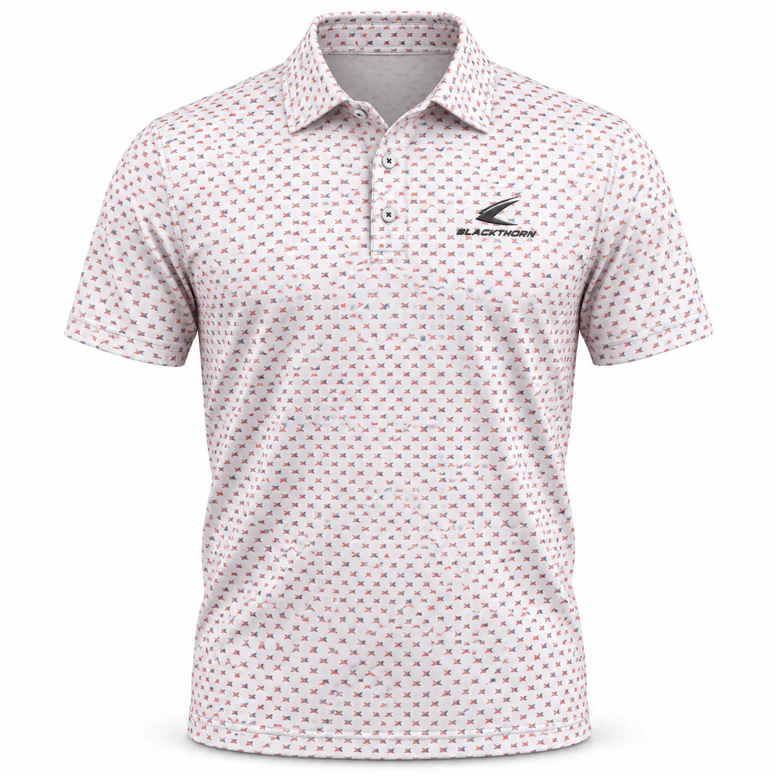 Coral Cross Print Golf Polo front view, printed golf polo manufacturer