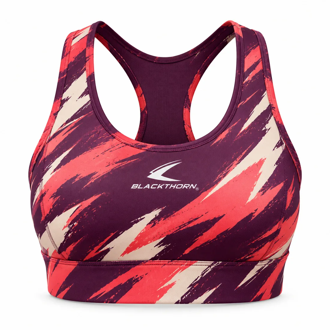 Coral Lightning Racerback Sports Bra front, custom sports bra manufacturer