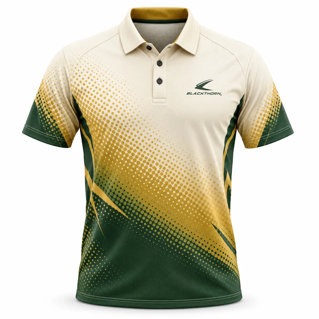 Cream Gold Halftone Shooting Polo front, sublimated shooting polo manufacturer