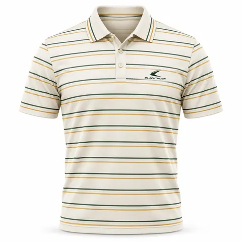 Cream Retro Stripe Pickleball Polo front view, retro striped pickleball polo wholesale