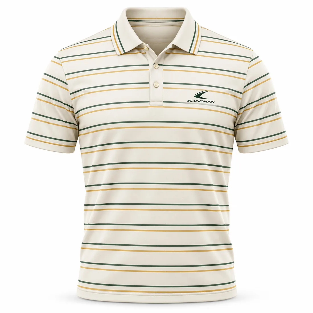 Cream Retro Stripe Pickleball Polo front view, retro striped pickleball polo wholesale