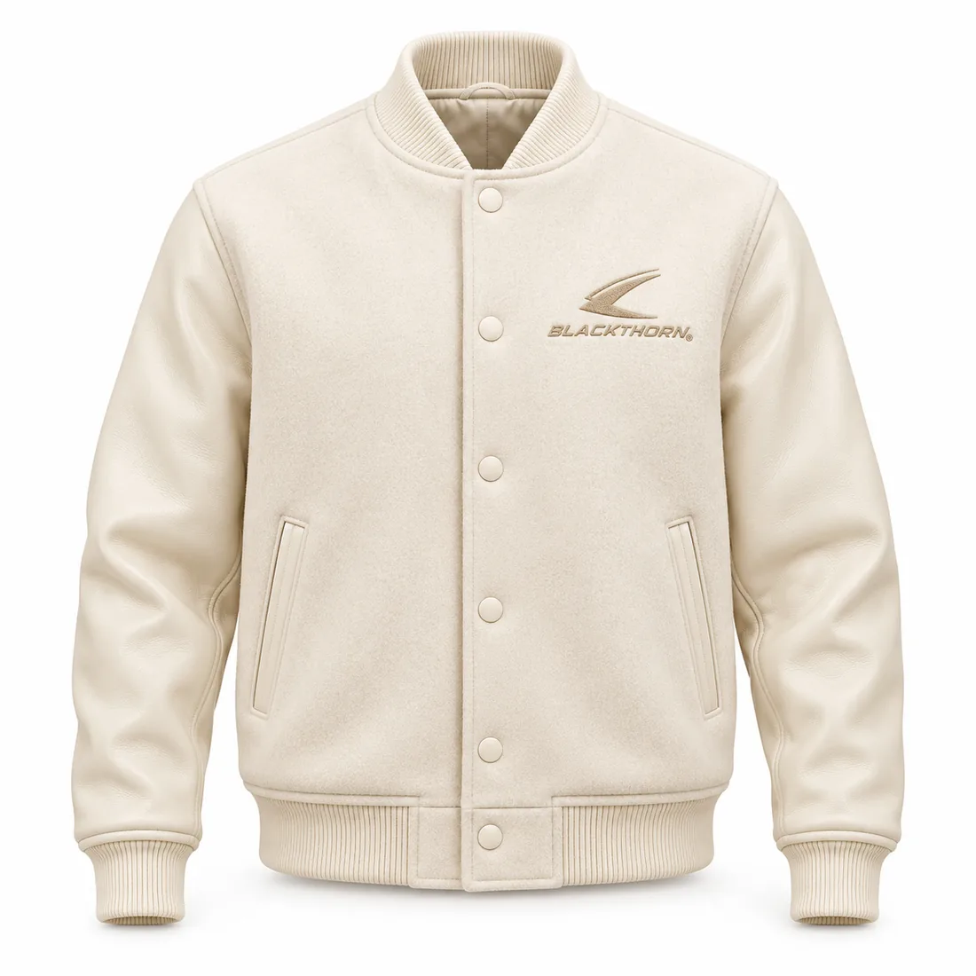 Cream Tonal Varsity Jacket front, tonal varsity jacket private label manufacturer