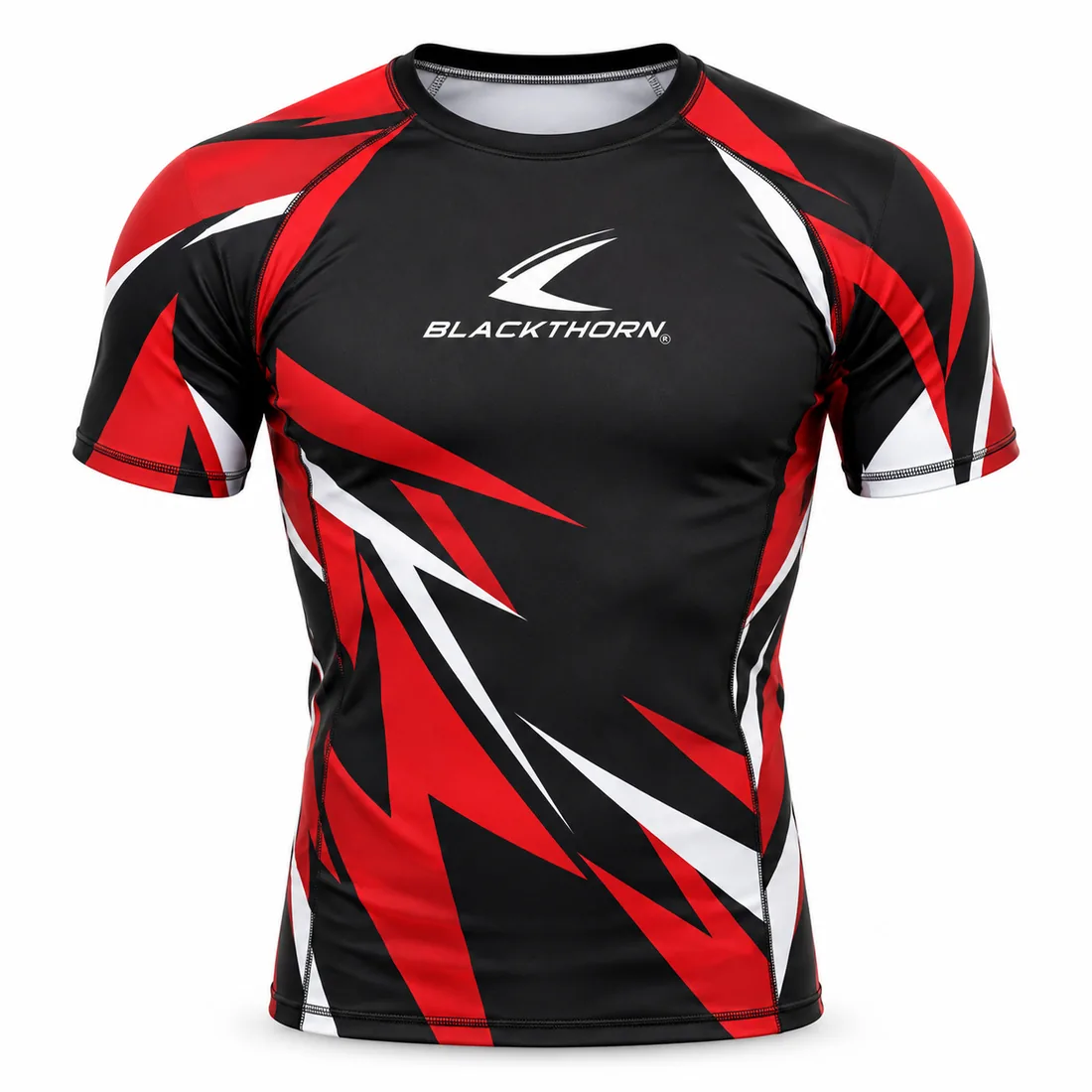 Crimson Shard Short Sleeve Rash Guard front view, custom MMA rash guard manufacturer