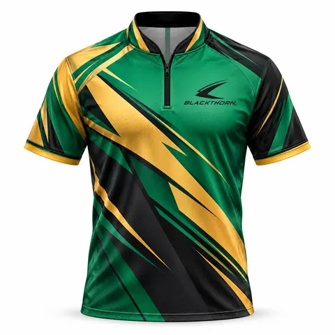 Emerald Gold Darts League Shirt front view, darts league team shirts manufacturer
